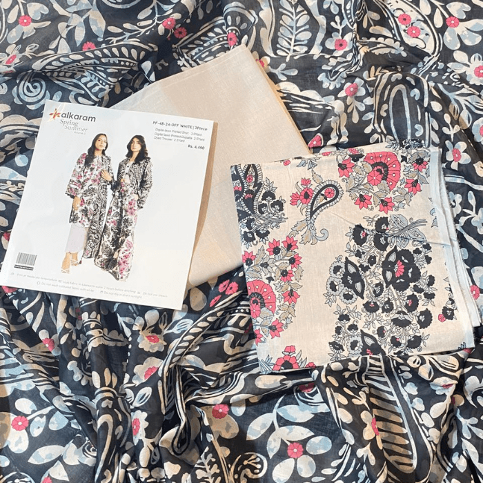 3pc unstitche alkaram d digital lawn printed shirt 3.0 yard digital printed 2.5 yard dupatta and dyed trouser 2.5 yard