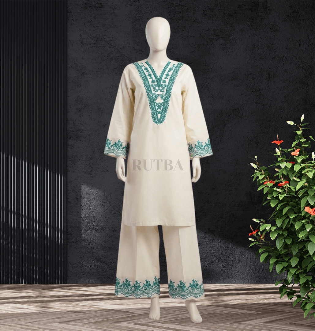 Half white green embroidered 2pc stitched 